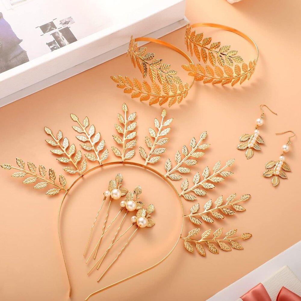 15 Pieces Greek Goddess Costume Accessories Women Toga Golden Leaves Bridal Crow - Picture 7 of 7